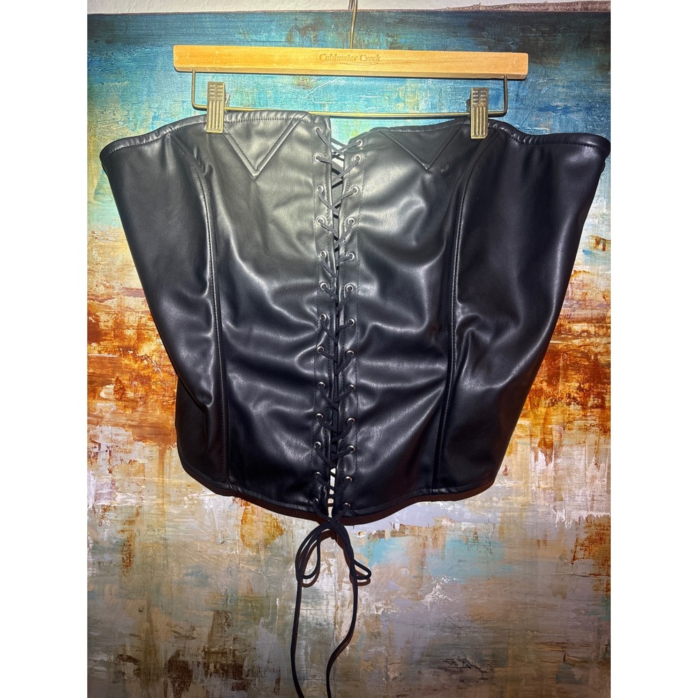 Fashion Nova Mess With Me Black Faux Leather Lace Up Corset Top Plus Size 3X NEW